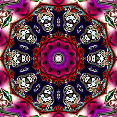 Benzersiz mandala, Oriental yuvarlak desen, mistik motifi, egzotik arka plan. Fantastik fraktal tasarım, geometrik doku parlayan renkli dijital sanat.