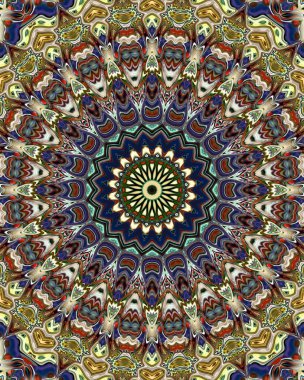 Benzersiz mandala, Oriental yuvarlak desen, mistik motifi, egzotik arka plan. Fantastik fraktal tasarım, geometrik doku parlayan renkli dijital sanat.