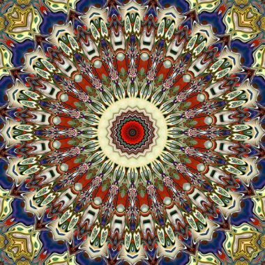 Benzersiz mandala, Oriental yuvarlak desen, mistik motifi, egzotik arka plan. Fantastik fraktal tasarım, geometrik doku parlayan renkli dijital sanat.