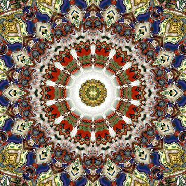 Benzersiz mandala, Oriental yuvarlak desen, mistik motifi, egzotik arka plan. Fantastik fraktal tasarım, geometrik doku parlayan renkli dijital sanat.