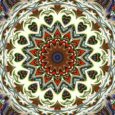 Benzersiz mandala, Oriental yuvarlak desen, mistik motifi, egzotik arka plan. Fantastik fraktal tasarım, geometrik doku parlayan renkli dijital sanat.