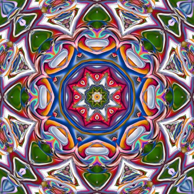 Benzersiz mandala, Oriental yuvarlak desen, mistik motifi, egzotik arka plan. Fantastik fraktal tasarım, geometrik doku parlayan renkli dijital sanat.