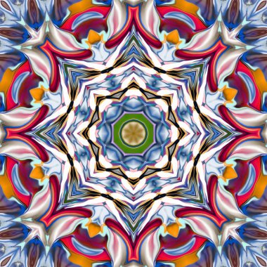 Benzersiz mandala, Oriental yuvarlak desen, mistik motifi, egzotik arka plan. Fantastik fraktal tasarım, geometrik doku parlayan renkli dijital sanat.