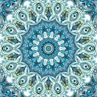 Benzersiz mandala, Oriental yuvarlak desen, mistik motifi, egzotik arka plan. Fantastik fraktal tasarım, geometrik doku parlayan renkli dijital sanat.