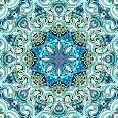 Benzersiz mandala, Oriental yuvarlak desen, mistik motifi, egzotik arka plan. Fantastik fraktal tasarım, geometrik doku parlayan renkli dijital sanat.