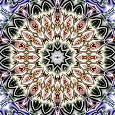 Benzersiz mandala, Oriental yuvarlak desen, mistik motifi, egzotik arka plan. Fantastik fraktal tasarım, geometrik doku parlayan renkli dijital sanat.