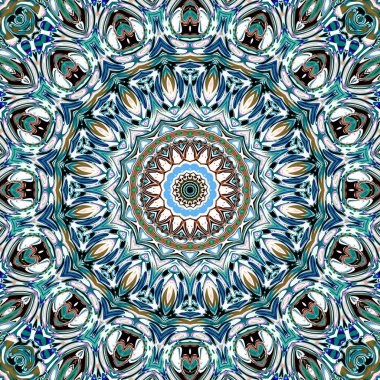 Benzersiz mandala, Oriental yuvarlak desen, mistik motifi, egzotik arka plan. Fantastik fraktal tasarım, geometrik doku parlayan renkli dijital sanat.