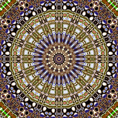 Benzersiz mandala, Oriental yuvarlak desen, mistik motifi, egzotik arka plan. Fantastik fraktal tasarım, geometrik doku parlayan renkli dijital sanat.