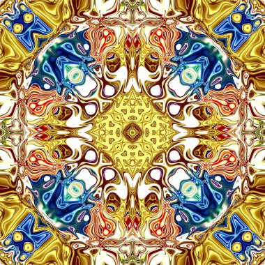 Benzersiz mandala, Oriental yuvarlak desen, mistik motifi, egzotik arka plan. Fantastik fraktal tasarım, geometrik doku parlayan renkli dijital sanat.