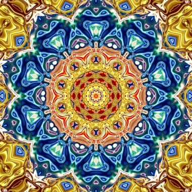 Benzersiz mandala, Oriental yuvarlak desen, mistik motifi, egzotik arka plan. Fantastik fraktal tasarım, geometrik doku parlayan renkli dijital sanat.