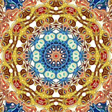 Benzersiz mandala, Oriental yuvarlak desen, mistik motifi, egzotik arka plan. Fantastik fraktal tasarım, geometrik doku parlayan renkli dijital sanat.