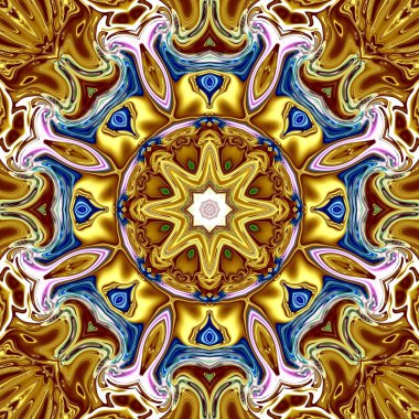 Benzersiz mandala, Oriental yuvarlak desen, mistik motifi, egzotik arka plan. Fantastik fraktal tasarım, geometrik doku parlayan renkli dijital sanat.