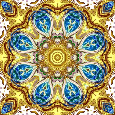 Benzersiz mandala, Oriental yuvarlak desen, mistik motifi, egzotik arka plan. Fantastik fraktal tasarım, geometrik doku parlayan renkli dijital sanat.