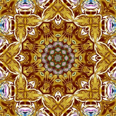 Benzersiz mandala, Oriental yuvarlak desen, mistik motifi, egzotik arka plan. Fantastik fraktal tasarım, geometrik doku parlayan renkli dijital sanat.