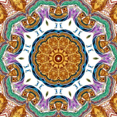 Benzersiz mandala, Oriental yuvarlak desen, mistik motifi, egzotik arka plan. Fantastik fraktal tasarım, geometrik doku parlayan renkli dijital sanat.