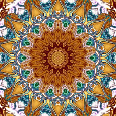 Benzersiz mandala, Oriental yuvarlak desen, mistik motifi, egzotik arka plan. Fantastik fraktal tasarım, geometrik doku parlayan renkli dijital sanat.