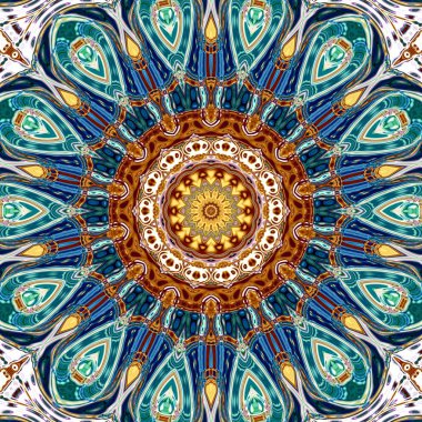 Benzersiz mandala, Oriental yuvarlak desen, mistik motifi, egzotik arka plan. Fantastik fraktal tasarım, geometrik doku parlayan renkli dijital sanat.