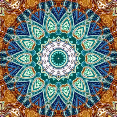 Benzersiz mandala, Oriental yuvarlak desen, mistik motifi, egzotik arka plan. Fantastik fraktal tasarım, geometrik doku parlayan renkli dijital sanat.