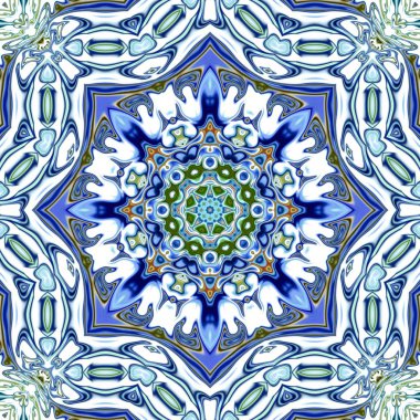 Benzersiz mandala, Oriental yuvarlak desen, mistik motifi, egzotik arka plan. Fantastik fraktal tasarım, geometrik doku parlayan renkli dijital sanat.