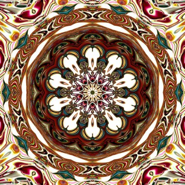 Benzersiz mandala, Oriental yuvarlak desen, mistik motifi, egzotik arka plan. Fantastik fraktal tasarım, geometrik doku parlayan renkli dijital sanat.