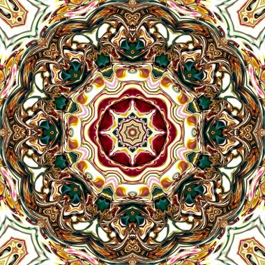 Benzersiz mandala, Oriental yuvarlak desen, mistik motifi, egzotik arka plan. Fantastik fraktal tasarım, geometrik doku parlayan renkli dijital sanat.