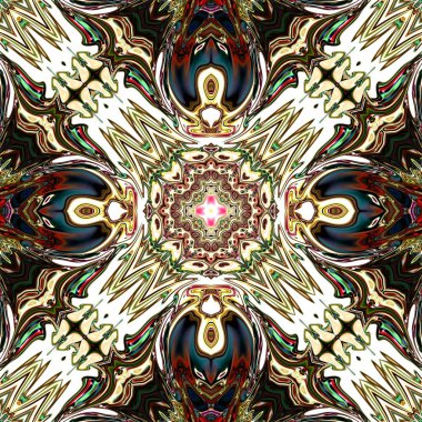 Benzersiz mandala, Oriental yuvarlak desen, mistik motifi, egzotik arka plan. Fantastik fraktal tasarım, geometrik doku parlayan renkli dijital sanat.