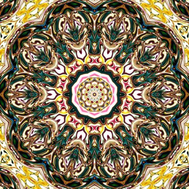 Benzersiz mandala, Oriental yuvarlak desen, mistik motifi, egzotik arka plan. Fantastik fraktal tasarım, geometrik doku parlayan renkli dijital sanat.