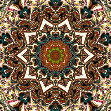 Benzersiz mandala, Oriental yuvarlak desen, mistik motifi, egzotik arka plan. Fantastik fraktal tasarım, geometrik doku parlayan renkli dijital sanat.