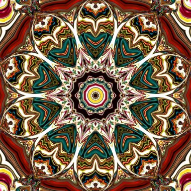 Benzersiz mandala, Oriental yuvarlak desen, mistik motifi, egzotik arka plan. Fantastik fraktal tasarım, geometrik doku parlayan renkli dijital sanat.