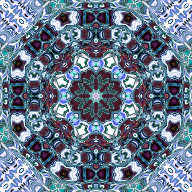 Benzersiz mandala, Oriental yuvarlak desen, mistik motifi, egzotik arka plan. Fantastik fraktal tasarım, geometrik doku parlayan renkli dijital sanat.