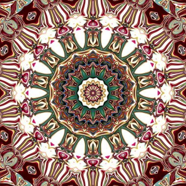 Benzersiz mandala, Oriental yuvarlak desen, mistik motifi, egzotik arka plan. Fantastik fraktal tasarım, geometrik doku parlayan renkli dijital sanat.