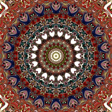Benzersiz mandala, Oriental yuvarlak desen, mistik motifi, egzotik arka plan. Fantastik fraktal tasarım, geometrik doku parlayan renkli dijital sanat.