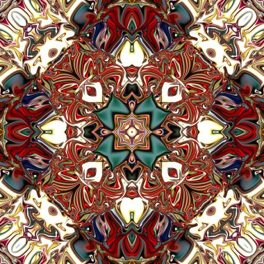 Benzersiz mandala, Oriental yuvarlak desen, mistik motifi, egzotik arka plan. Fantastik fraktal tasarım, geometrik doku parlayan renkli dijital sanat.