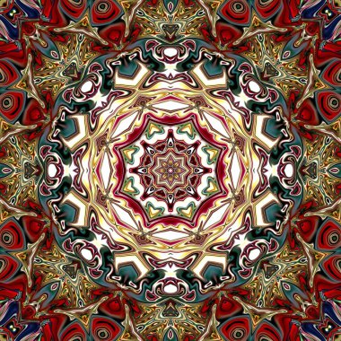 Benzersiz mandala, Oriental yuvarlak desen, mistik motifi, egzotik arka plan. Fantastik fraktal tasarım, geometrik doku parlayan renkli dijital sanat.