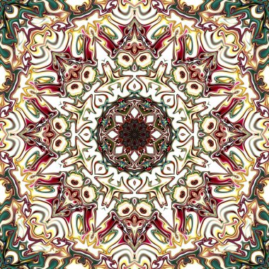 Benzersiz mandala, Oriental yuvarlak desen, mistik motifi, egzotik arka plan. Fantastik fraktal tasarım, geometrik doku parlayan renkli dijital sanat.