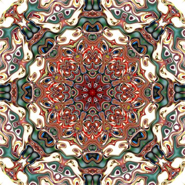 Benzersiz mandala, Oriental yuvarlak desen, mistik motifi, egzotik arka plan. Fantastik fraktal tasarım, geometrik doku parlayan renkli dijital sanat.