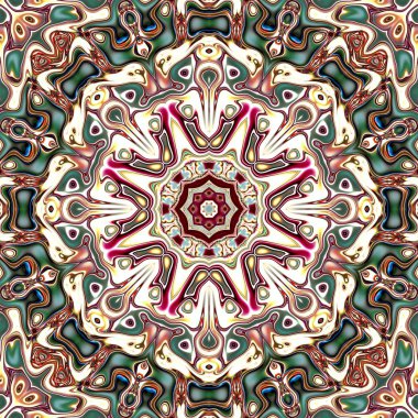 Benzersiz mandala, Oriental yuvarlak desen, mistik motifi, egzotik arka plan. Fantastik fraktal tasarım, geometrik doku parlayan renkli dijital sanat.