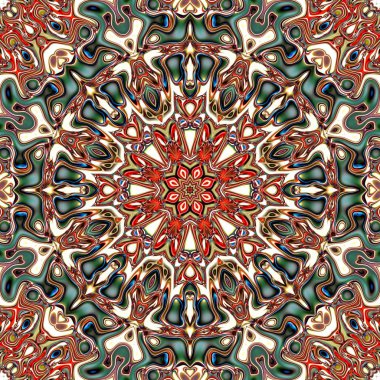 Benzersiz mandala, Oriental yuvarlak desen, mistik motifi, egzotik arka plan. Fantastik fraktal tasarım, geometrik doku parlayan renkli dijital sanat.