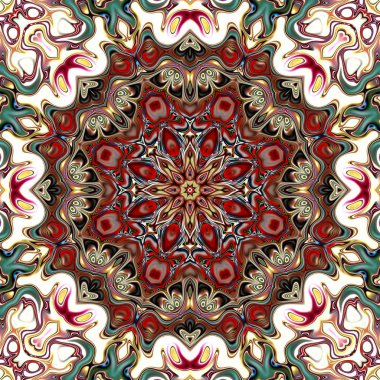 Benzersiz mandala, Oriental yuvarlak desen, mistik motifi, egzotik arka plan. Fantastik fraktal tasarım, geometrik doku parlayan renkli dijital sanat.