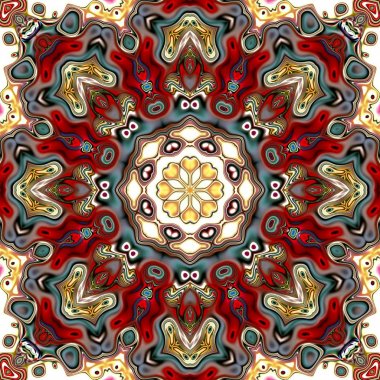 Benzersiz mandala, Oriental yuvarlak desen, mistik motifi, egzotik arka plan. Fantastik fraktal tasarım, geometrik doku parlayan renkli dijital sanat.