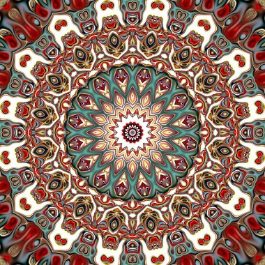 Benzersiz mandala, Oriental yuvarlak desen, mistik motifi, egzotik arka plan. Fantastik fraktal tasarım, geometrik doku parlayan renkli dijital sanat.