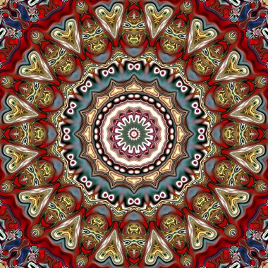 Benzersiz mandala, Oriental yuvarlak desen, mistik motifi, egzotik arka plan. Fantastik fraktal tasarım, geometrik doku parlayan renkli dijital sanat.