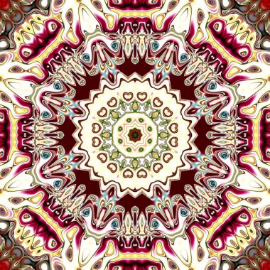 Benzersiz mandala, Oriental yuvarlak desen, mistik motifi, egzotik arka plan. Fantastik fraktal tasarım, geometrik doku parlayan renkli dijital sanat.