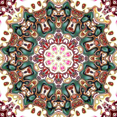 Benzersiz mandala, Oriental yuvarlak desen, mistik motifi, egzotik arka plan. Fantastik fraktal tasarım, geometrik doku parlayan renkli dijital sanat.