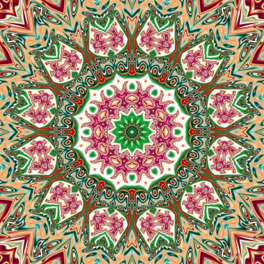 Benzersiz mandala, Oriental yuvarlak desen, mistik motifi, egzotik arka plan. Fantastik fraktal tasarım, geometrik doku parlayan renkli dijital sanat.