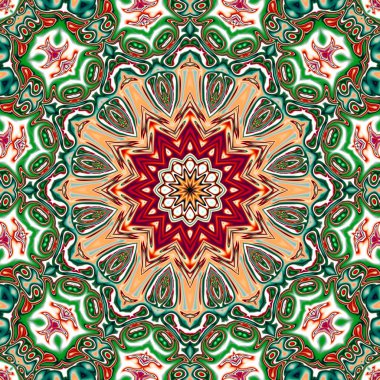 Benzersiz mandala, Oriental yuvarlak desen, mistik motifi, egzotik arka plan. Fantastik fraktal tasarım, geometrik doku parlayan renkli dijital sanat.