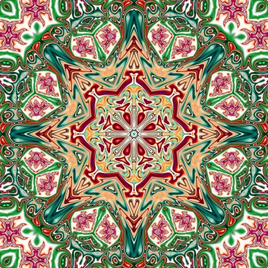 Benzersiz mandala, Oriental yuvarlak desen, mistik motifi, egzotik arka plan. Fantastik fraktal tasarım, geometrik doku parlayan renkli dijital sanat.