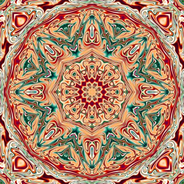 Benzersiz mandala, Oriental yuvarlak desen, mistik motifi, egzotik arka plan. Fantastik fraktal tasarım, geometrik doku parlayan renkli dijital sanat.