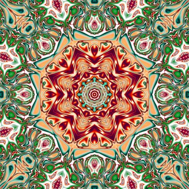 Benzersiz mandala, Oriental yuvarlak desen, mistik motifi, egzotik arka plan. Fantastik fraktal tasarım, geometrik doku parlayan renkli dijital sanat.