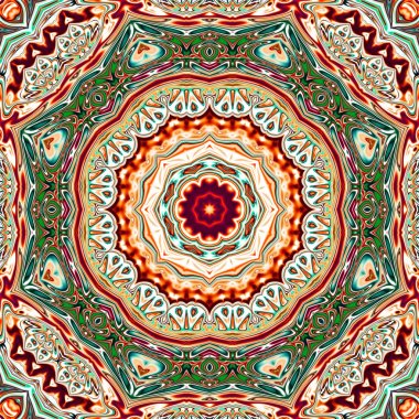 Benzersiz mandala, Oriental yuvarlak desen, mistik motifi, egzotik arka plan. Fantastik fraktal tasarım, geometrik doku parlayan renkli dijital sanat.